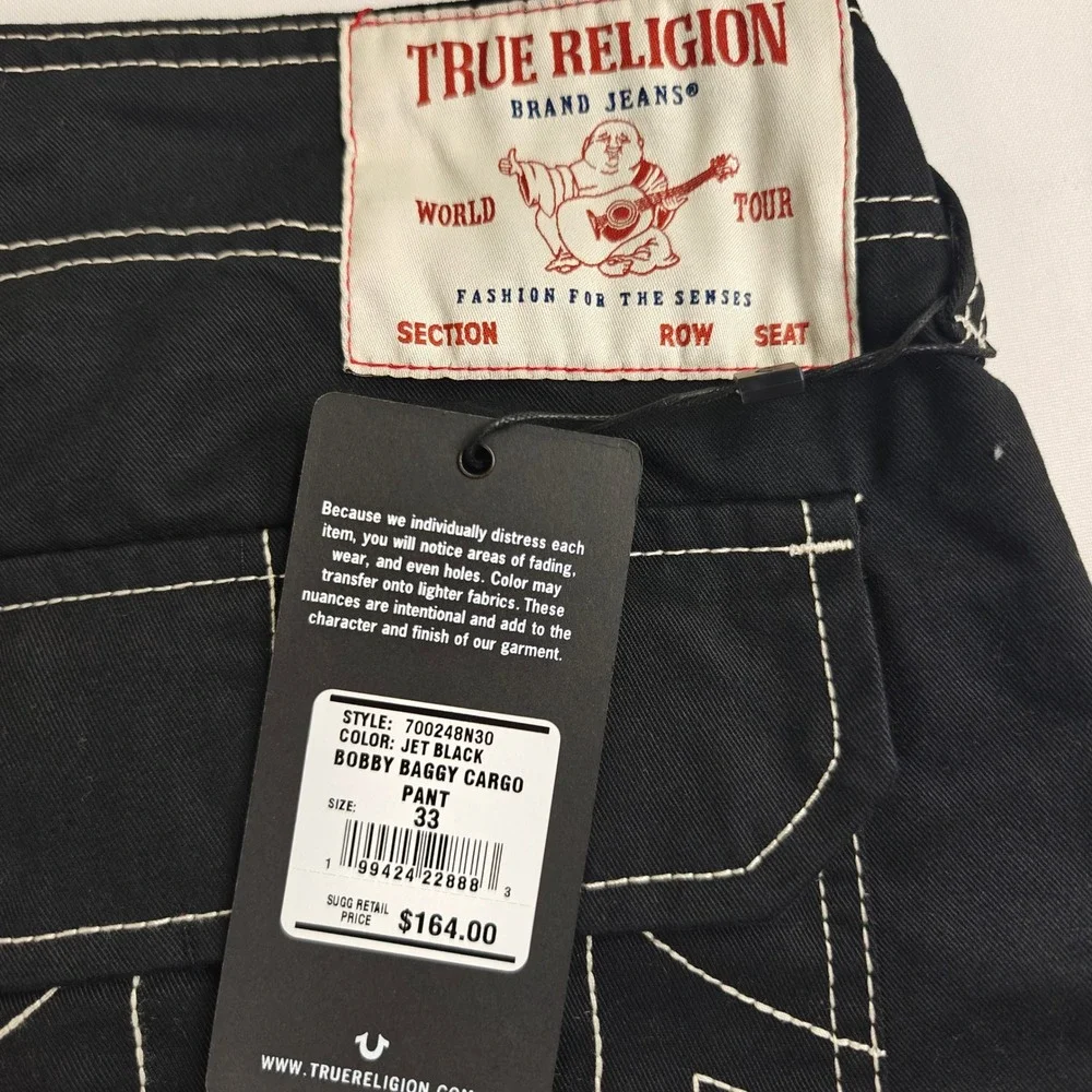 NWT 33 True Religion Mens Bobby Baggy Cargo Pant Jet Black WhiteStitch 700248N30